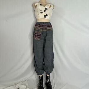 Boho Harem Pants Thai Cotton Tribal Patch Elastic Waist Festival Gray